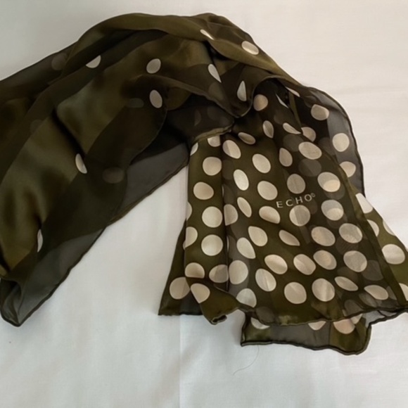 Echo Green and Cream Scarf 100% Silk with Sheer Fabric and Polka Dot Pattern - Picture 1 of 5